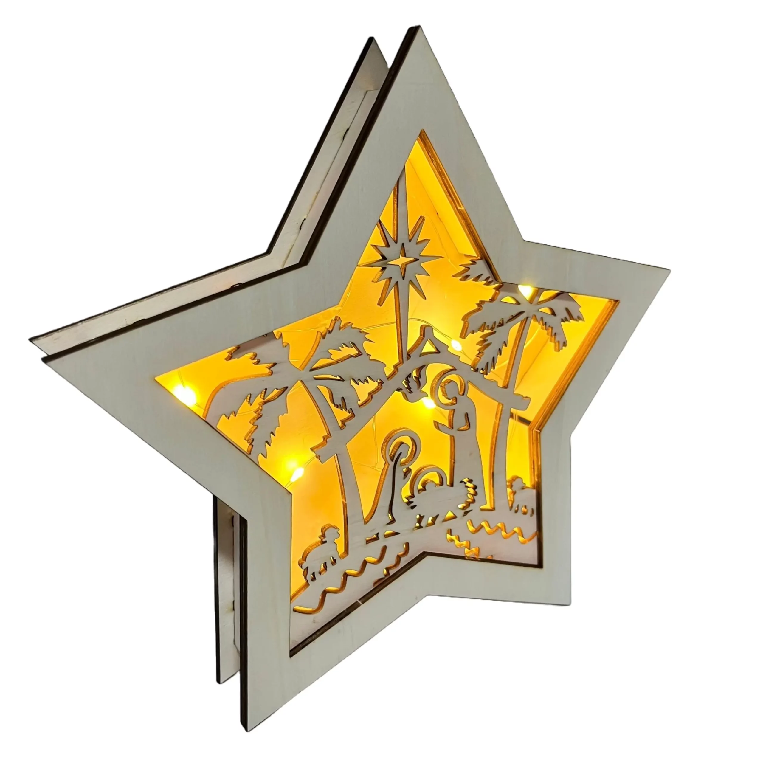 Dřevěná vánoční hvězda s betlémem Dřevěná vánoční hvězda s betlémem svíticí