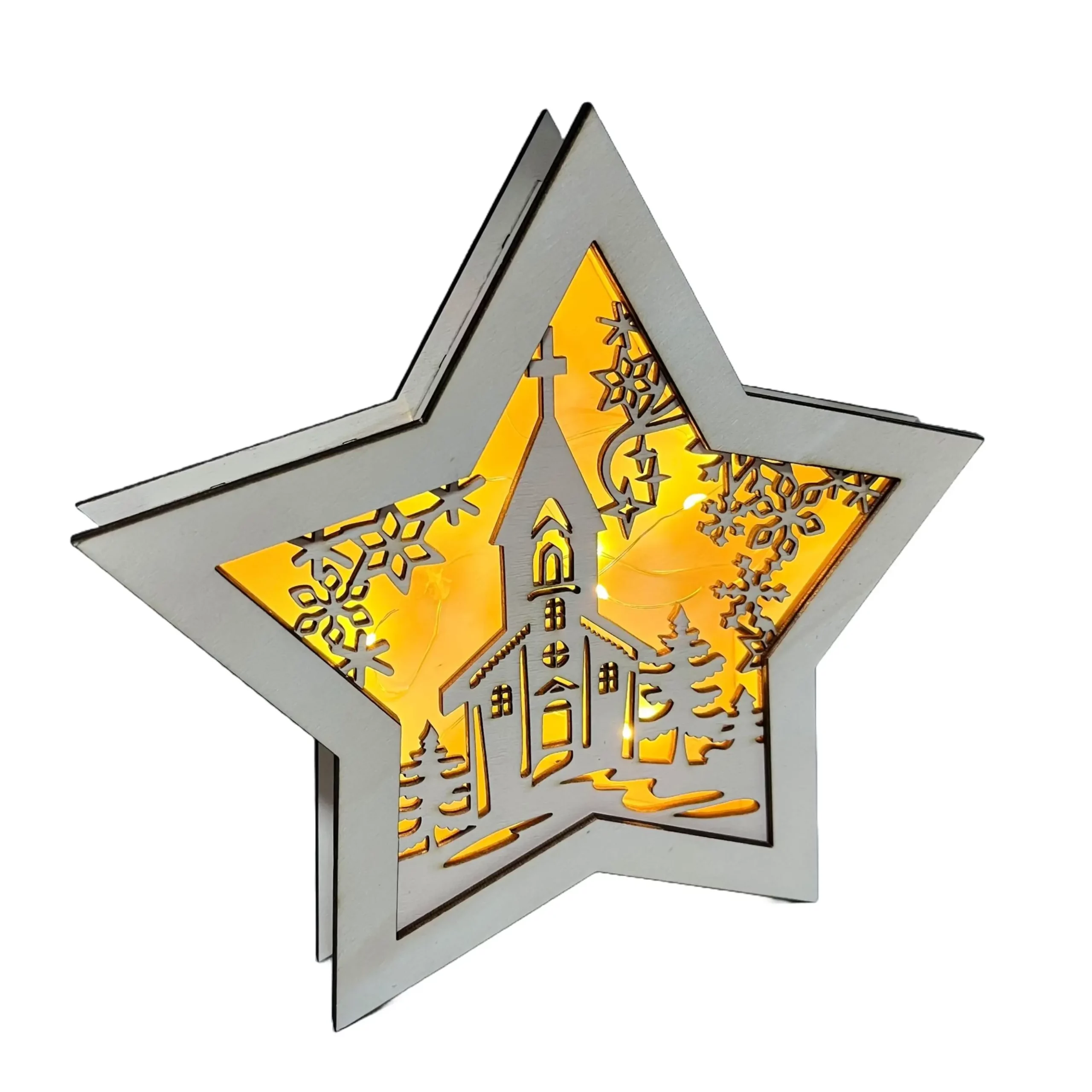 Dřevěná vánoční hvězda s kostelem Dřevěná vánoční hvězda s kostelem svíticí