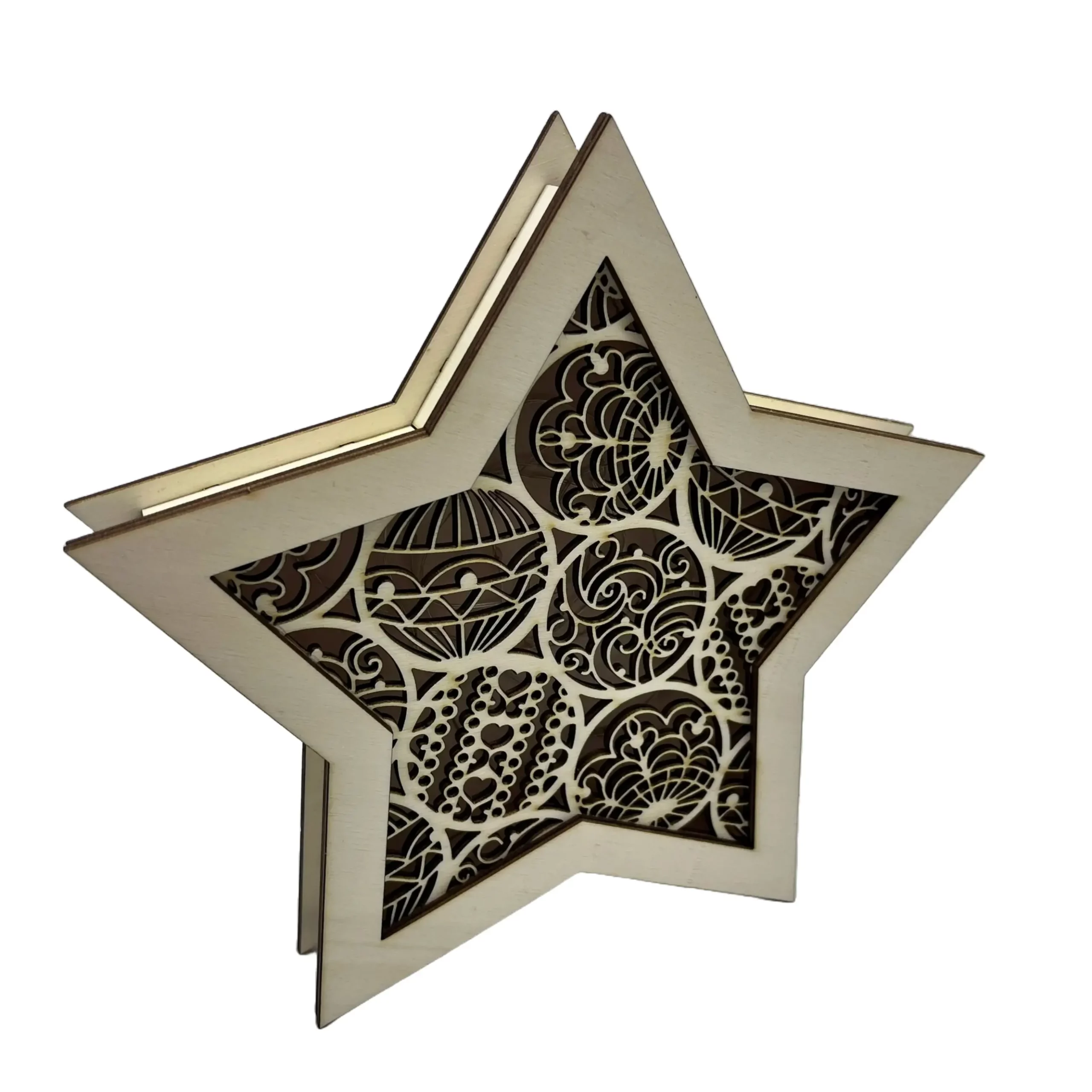 Dřevěná vánoční hvězda s ornamenty