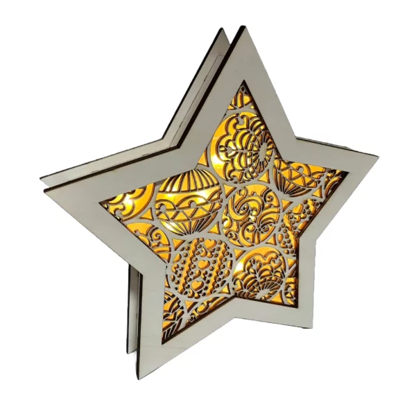 Dřevěná vánoční hvězda s ornamenty svíticí