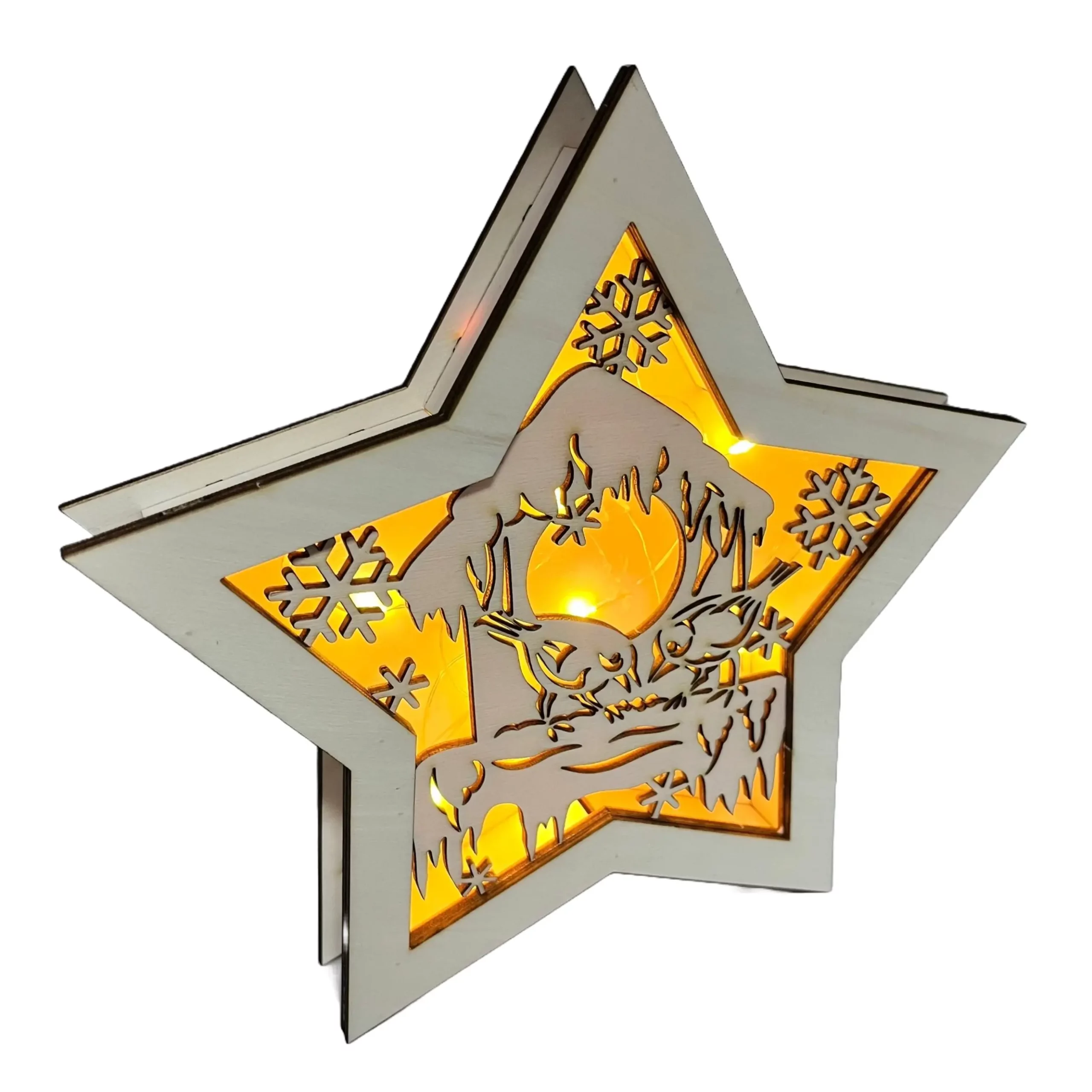 Dřevěná vánoční hvězda s ptáčky Dřevěná vánoční hvězda s ptáčky svíticí