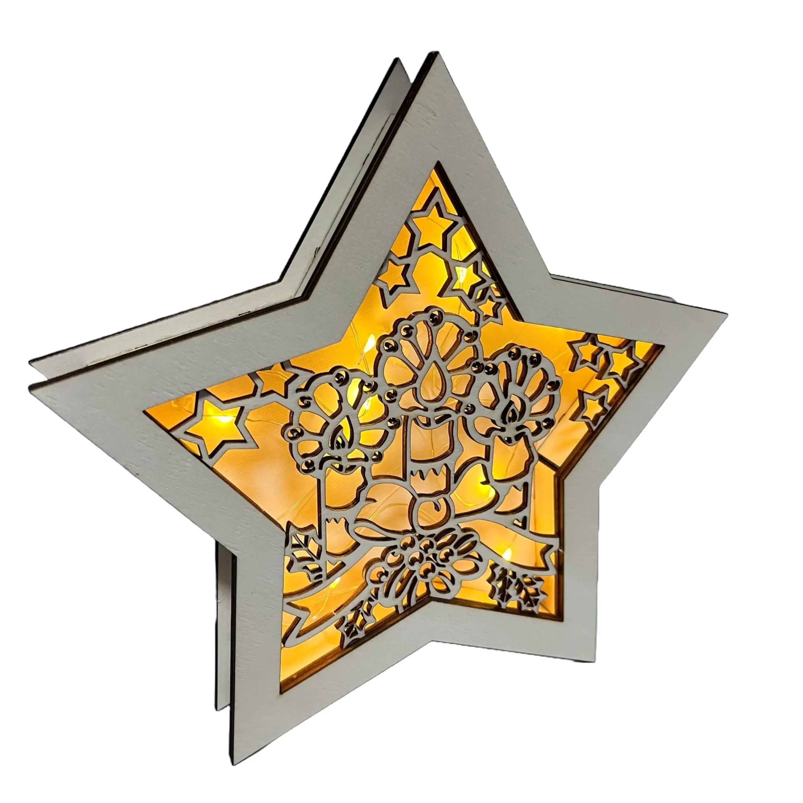 Dřevěná vánoční hvězda se svíčkami a mašlí Dřevěná vánoční hvězda se svíčkami a mašlí svíticí