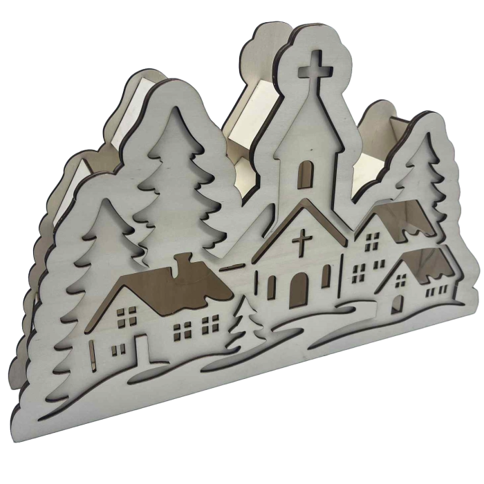 Dřevěná svíticí vesnička s chaloupkama a kostelem