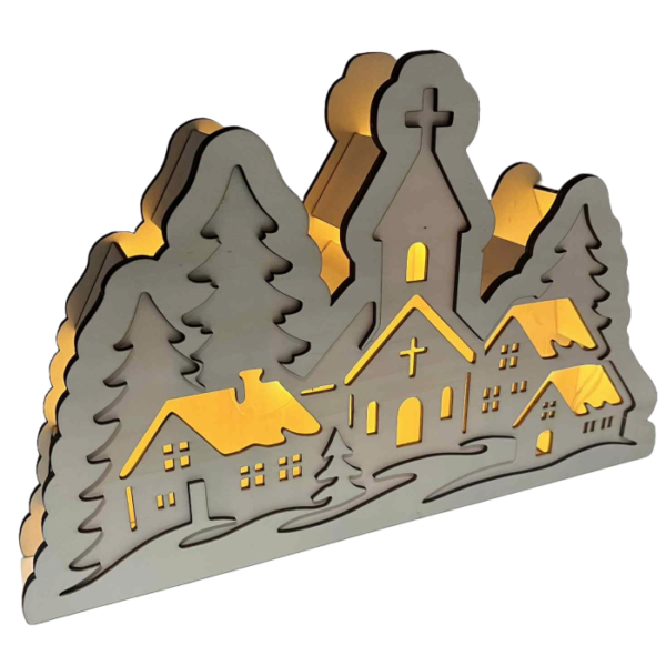 Dřevěná svíticí vesnička s chaloupkama a kostelem