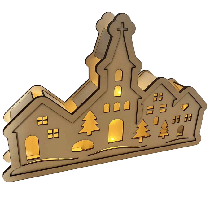 Dřevěná svíticí vesnička s kostelem Dřevěná svíticí vesnička s kostelem