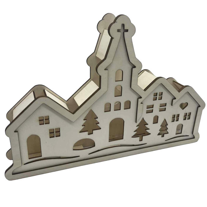 Dřevěná svíticí vesnička s kostelem