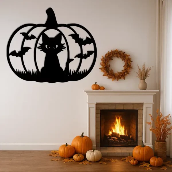 Dekorace Halloween na zeď – Kočka s netopýry