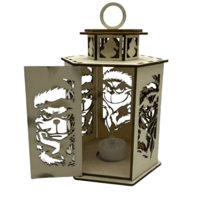 Dřevěná lucerna s motivem Grinche otevřená