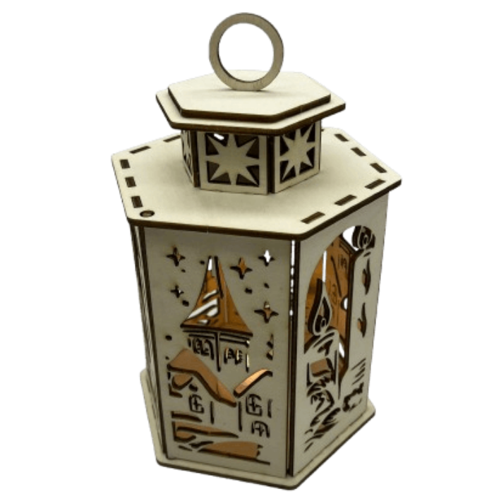 Dřevěná lucerna s motivem kostela Dřevěná lucerna s motivem kostela zavřená