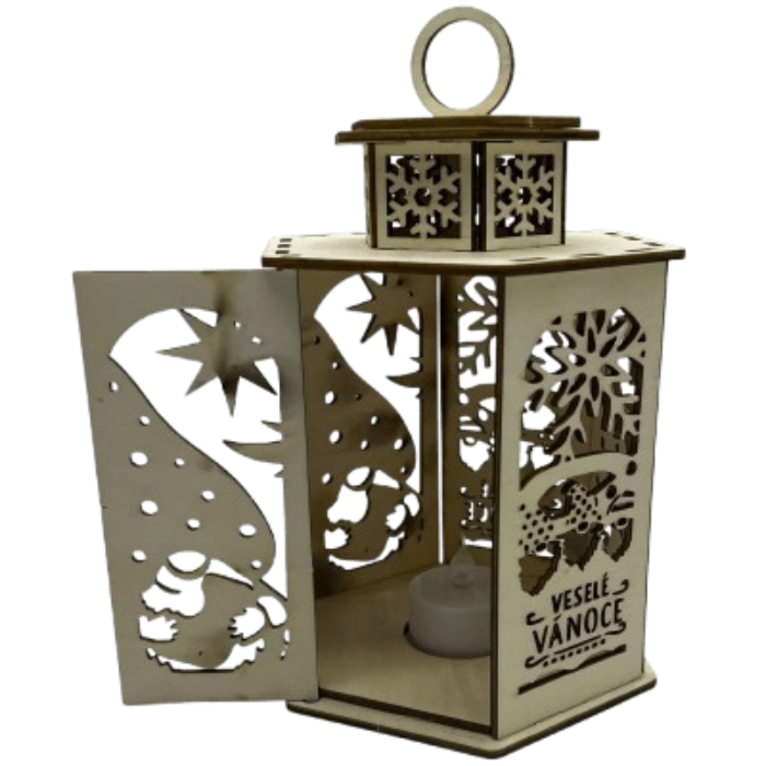 Dřevěná lucerna s motivem skřítků otevřená