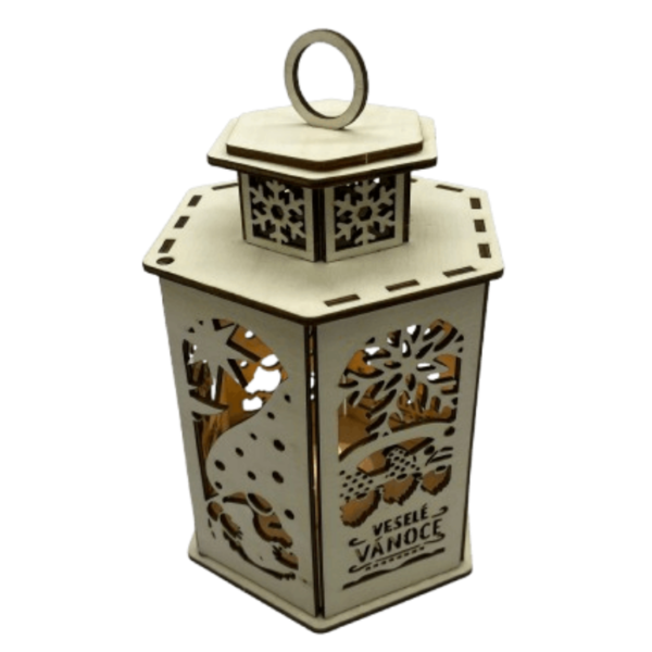 Dřevěná lucerna s motivem skřítků zavřená